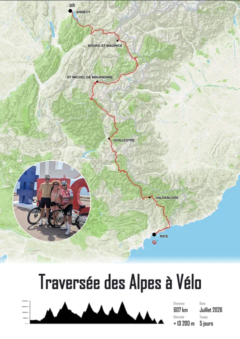 Affiche d'une traversée des Alpes à vélo, d'Annecy à Nice